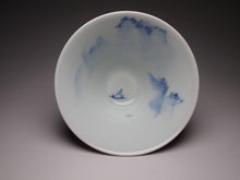 Load image into Gallery viewer, 140ml Fanggu Technique Sailboat and Mountains, Jihong and Qinghua Porcelain Douli Teacup 青花霁红杯