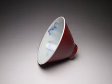 Load image into Gallery viewer, 140ml Fanggu Technique Sailboat and Mountains, Jihong and Qinghua Porcelain Douli Teacup 青花霁红杯