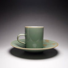 Load image into Gallery viewer, 140ml Celadon Porcelain Coffee Cup and Saucer with Gold Bamboo Motif from Jingdezhen 青瓷手绘描金咖啡杯组