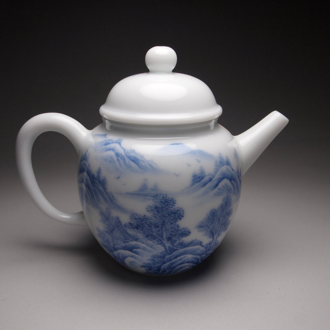140ml Qinghua Hand Painted Lanscape Jingdezhen Porcelain Teapot, 甜白釉重工山水壶