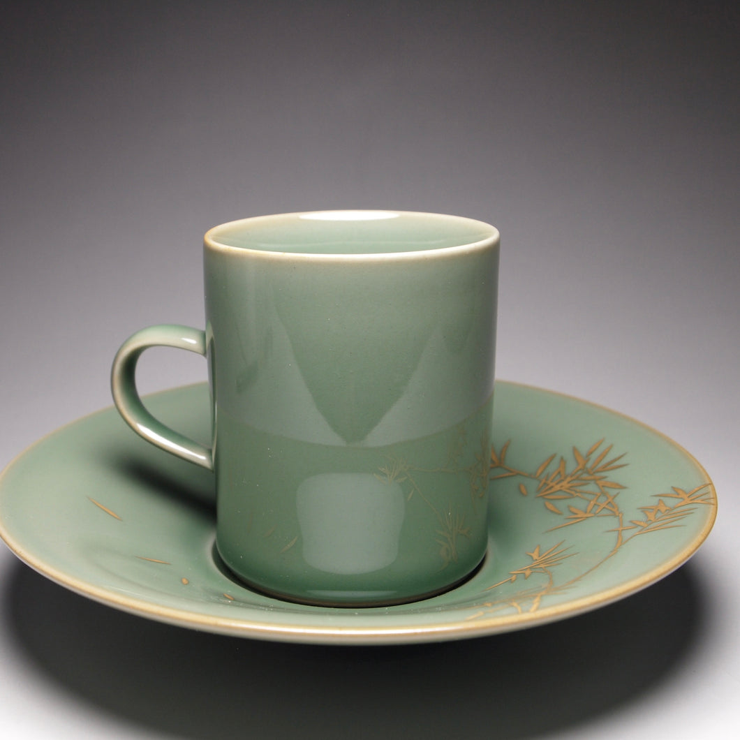 140ml Celadon Porcelain Coffee Cup and Saucer with Gold Bamboo Motif from Jingdezhen 青瓷手绘描金咖啡杯组
