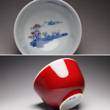 Load image into Gallery viewer, 130ml Fanggu Technique Fisherman Jihong, Youlihong and Qinghua Porcelain Teacup 青花霁红杯