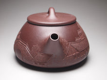 Load image into Gallery viewer, Lao Zini Pinggai Shipiao Yixing Teapot with Carvings of a Village 老紫泥平盖石瓢 带浮雕刻绘(江南水乡)220ml