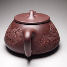 Load image into Gallery viewer, Lao Zini Pinggai Shipiao Yixing Teapot with Carvings of a Village 老紫泥平盖石瓢 带浮雕刻绘(江南水乡)220ml