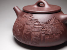 Load image into Gallery viewer, Lao Zini Pinggai Shipiao Yixing Teapot with Carvings of a Village 老紫泥平盖石瓢 带浮雕刻绘(江南水乡)220ml