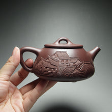 Load image into Gallery viewer, Lao Zini Pinggai Shipiao Yixing Teapot with Carvings of a Village 老紫泥平盖石瓢 带浮雕刻绘(江南水乡)220ml