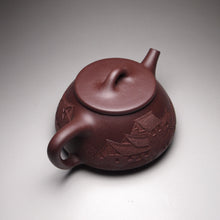 Load image into Gallery viewer, Lao Zini Pinggai Shipiao Yixing Teapot with Carvings of a Village 老紫泥平盖石瓢 带浮雕刻绘(江南水乡)220ml