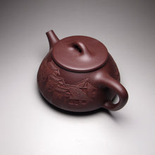 Load image into Gallery viewer, Lao Zini Pinggai Shipiao Yixing Teapot with Carvings of a Village 老紫泥平盖石瓢 带浮雕刻绘(江南水乡)220ml