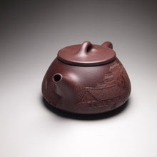 Load image into Gallery viewer, Lao Zini Pinggai Shipiao Yixing Teapot with Carvings of a Village 老紫泥平盖石瓢 带浮雕刻绘(江南水乡)220ml