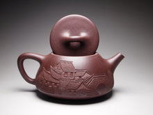 Load image into Gallery viewer, Lao Zini Pinggai Shipiao Yixing Teapot with Carvings of a Village 老紫泥平盖石瓢 带浮雕刻绘(江南水乡)220ml