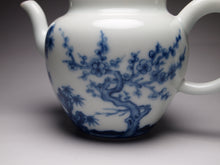 Load image into Gallery viewer, Imperfect Wood Fired Fanggu Jingdezhen Porcelain Teapot with Qinghua Garden Motif, 柴窑仿古青花岁寒三友壶 225ml