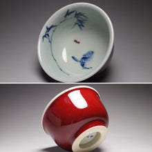 Load image into Gallery viewer, 120ml Fanggu Technique Bird and Bamboo Jihong and Qinghua Porcelain Teacup 璟色堂霁红杯