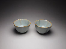 Load image into Gallery viewer, Pair of Matching 50ml Four-Lobed Azure Ruyao Teacups, 天青汝窑四瓣对杯