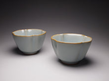 Load image into Gallery viewer, Pair of Matching 50ml Four-Lobed Azure Ruyao Teacups, 天青汝窑四瓣对杯