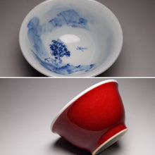 Load image into Gallery viewer, 120ml Fanggu Technique House and Tree Jihong and Qinghua Porcelain Teacup 青花霁红杯