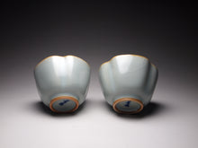 Load image into Gallery viewer, Pair of Matching 50ml Four-Lobed Azure Ruyao Teacups, 天青汝窑四瓣对杯
