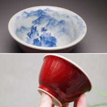 Load image into Gallery viewer, 120ml Fanggu Technique Cliffs and Sky Jihong and Qinghua Porcelain Teacup 青花霁红杯
