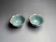 Load image into Gallery viewer, Pair of Matching 30ml Six Lobed Ruyao Sky Blue Teacups, 天青汝窑茶杯