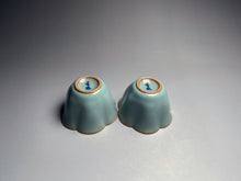 Load image into Gallery viewer, Pair of Matching 30ml Six Lobed Ruyao Sky Blue Teacups, 天青汝窑茶杯