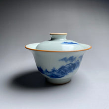 Load image into Gallery viewer, Qinghua Tall Mountains on Moon White Ruyao Gaiwan 汝窑月白青花国画山水盖碗