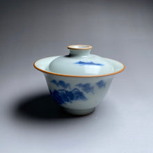 Load image into Gallery viewer, Qinghua Tall Mountains on Moon White Ruyao Gaiwan 汝窑月白青花国画山水盖碗