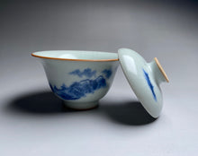 Load image into Gallery viewer, Qinghua Tall Mountains on Moon White Ruyao Gaiwan 汝窑月白青花国画山水盖碗
