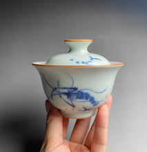 Load image into Gallery viewer, Qinghua Shrimp Motif on Moon White Ruyao Gaiwan 汝窑月白青花国画虾图盖碗