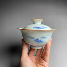 Load image into Gallery viewer, Qinghua Mountains on Moon White Ruyao Gaiwan 汝窑月白青花国画山水盖碗