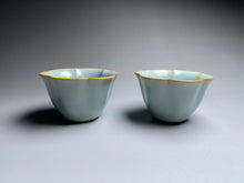 Load image into Gallery viewer, Pair of Matching 30ml Six Lobed Ruyao Sky Blue Teacups, 天青汝窑茶杯
