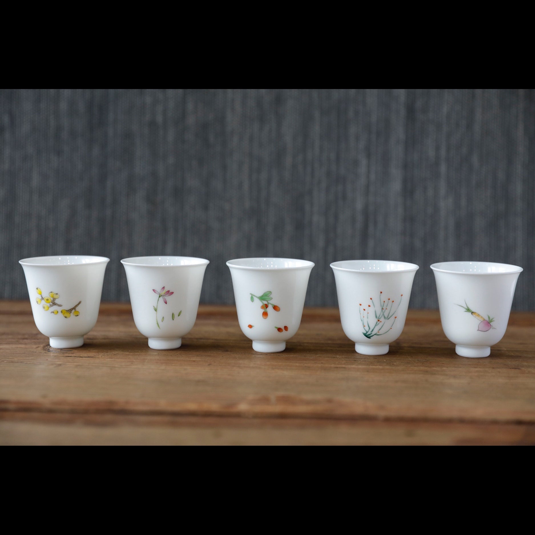 Fencai Porcelain Chinese Medicine Plants 5 Teacup Set from
