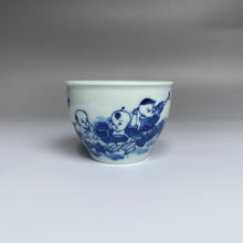Load image into Gallery viewer, 90ml Qinghua Children Playing Instruments Fanggu Jingdezhen Porcelain Teacup,   仿古全手工青花童趣福寿杯