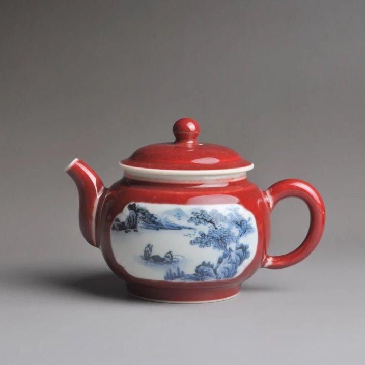 266ml Jihong glaze Blue-and-White pattern handmade porcelain Window Opening TeaPot Fanggu Technique