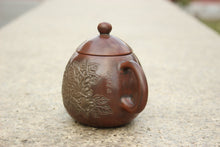 Load image into Gallery viewer, 210ml Longdan Nixing Teapot with Peony Carving by Li Changquan and Calligraphy by Qiu Yi Feng