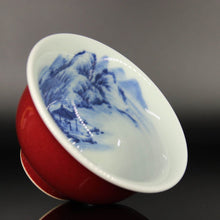 Load image into Gallery viewer, 125ml Jihong Glaze Qinghua Porcelain The World in a Cup, Yashou Teacup 青花霁红国画杯