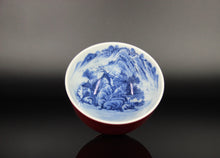 Load image into Gallery viewer, 125ml  Jihong Glaze Qinghua Porcelain The World in a Cup, Liuhe Teacup 青花霁红国画杯