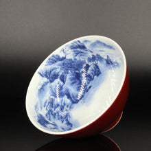Load image into Gallery viewer, 100ml Jihong Glaze Qinghua Porcelain The World in a Cup, Chicken Heart Teacup 青花霁红国画杯