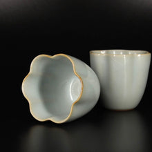 Load image into Gallery viewer, Pair of Matching 65ml Tall Six Lobed Ruyao Sky Blue Teacups, 天青汝窑茶杯