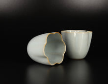 Load image into Gallery viewer, Pair of Matching 65ml Tall Six Lobed Ruyao Sky Blue Teacups, 天青汝窑茶杯