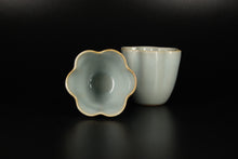 Load image into Gallery viewer, Pair of Matching 65ml Tall Six Lobed Ruyao Sky Blue Teacups, 天青汝窑茶杯