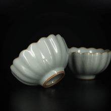 Load image into Gallery viewer, Pair of Matching 50ml Scalloped Ruyao Sky Blue Teacups, 天青汝窑茶杯