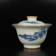 Load image into Gallery viewer, Qinghua Landscape on Moon White Ruyao Gaiwan 青花月白汝窑盖碗