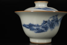 Load image into Gallery viewer, Qinghua Landscape on Moon White Ruyao Gaiwan 青花月白汝窑盖碗