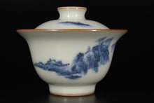 Load image into Gallery viewer, Qinghua Landscape on Moon White Ruyao Gaiwan 青花月白汝窑盖碗