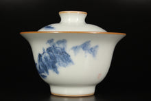 Load image into Gallery viewer, Qinghua Landscape on Moon White Ruyao Gaiwan 青花月白汝窑盖碗