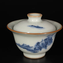 Load image into Gallery viewer, Qinghua Landscape on Moon White Ruyao Gaiwan 青花月白汝窑盖碗