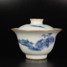 Load image into Gallery viewer, Qinghua Landscape on Moon White Ruyao Gaiwan 青花月白汝窑盖碗