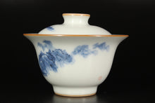 Load image into Gallery viewer, Qinghua Landscape on Moon White Ruyao Gaiwan 青花月白汝窑盖碗