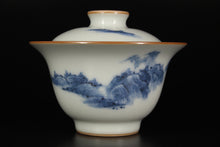 Load image into Gallery viewer, Qinghua Landscape on Moon White Ruyao Gaiwan 青花月白汝窑盖碗