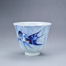 Load image into Gallery viewer, 100ml Qinghua Swallows Jingdezhen Porcelain Teacup by KuangShi 耕隐青花手绘仰钟杯-燕子
