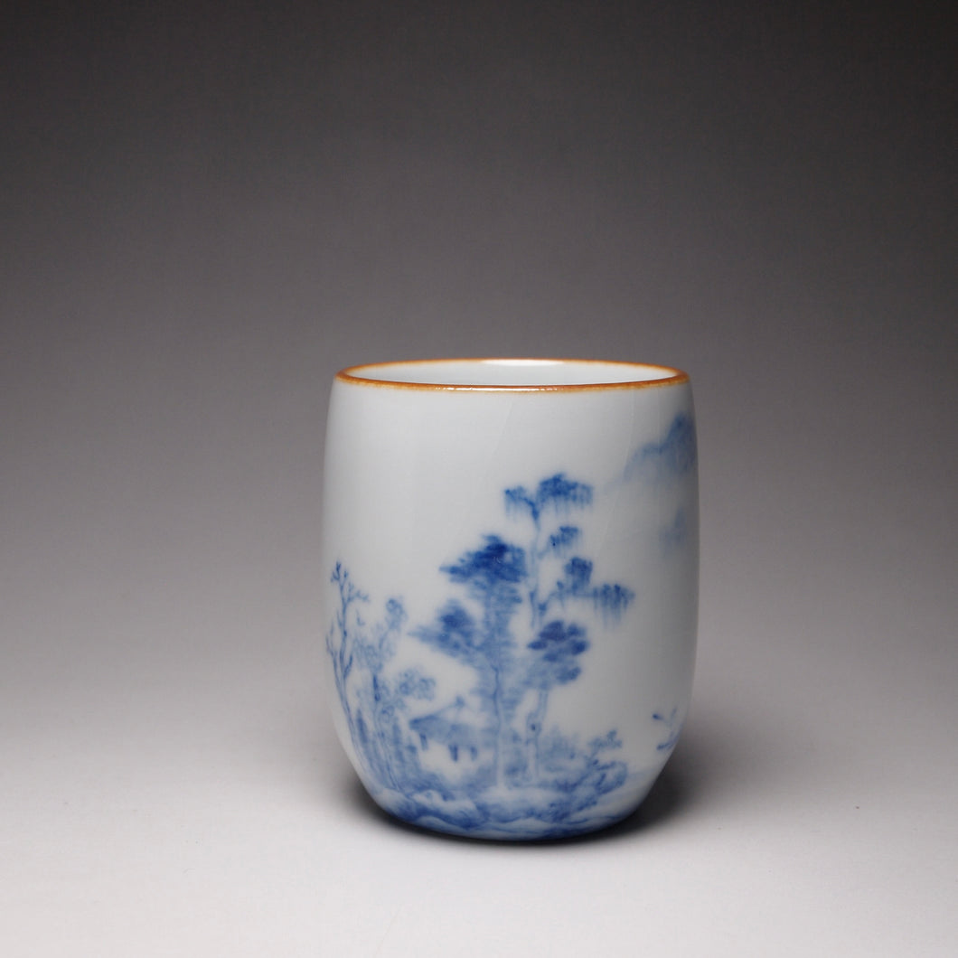 100ml Hand Painted Qinghua Landscape Moon White Ruyao Fragrance Teacup 汝窑月白青花直立杯